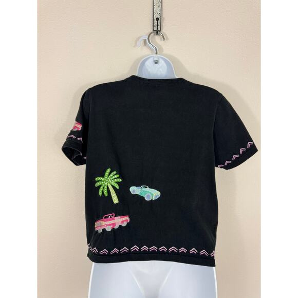 Michael Simon Lite Vintage Palm Tree Car Embroidered Black Cotton Top Size Small - Picture 4 of 5